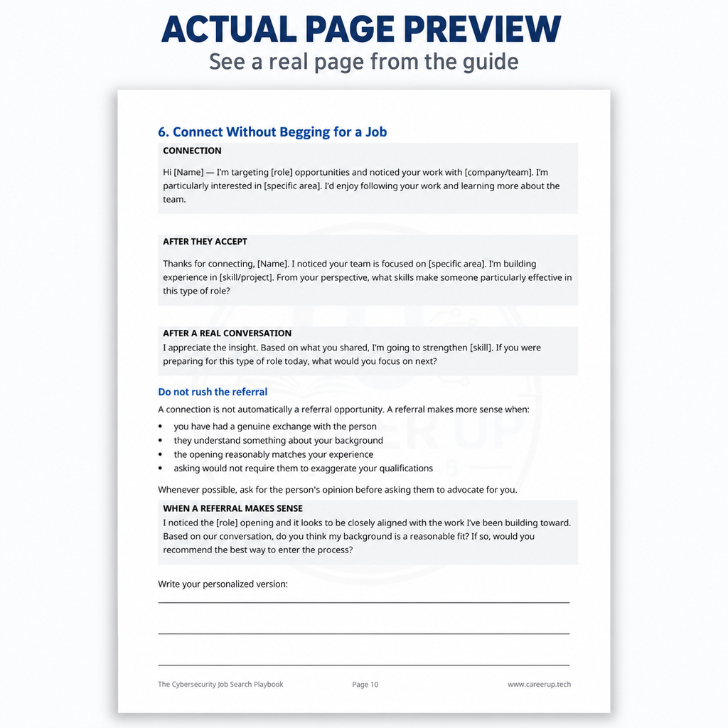 Second readable interior page preview from the Cybersecurity Job Search Playbook showing actionable job-search and career preparation content.