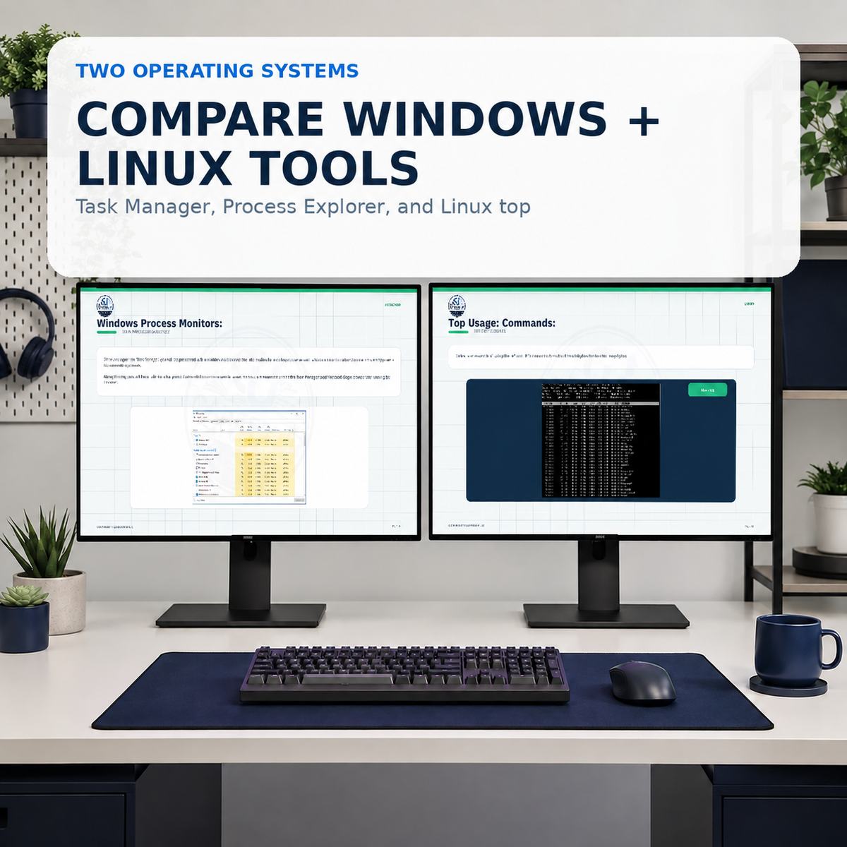 Windows and Linux process monitoring guide contents graphic covering Task Manager, Process Explorer, Linux top, screenshots, and practical reference tables.