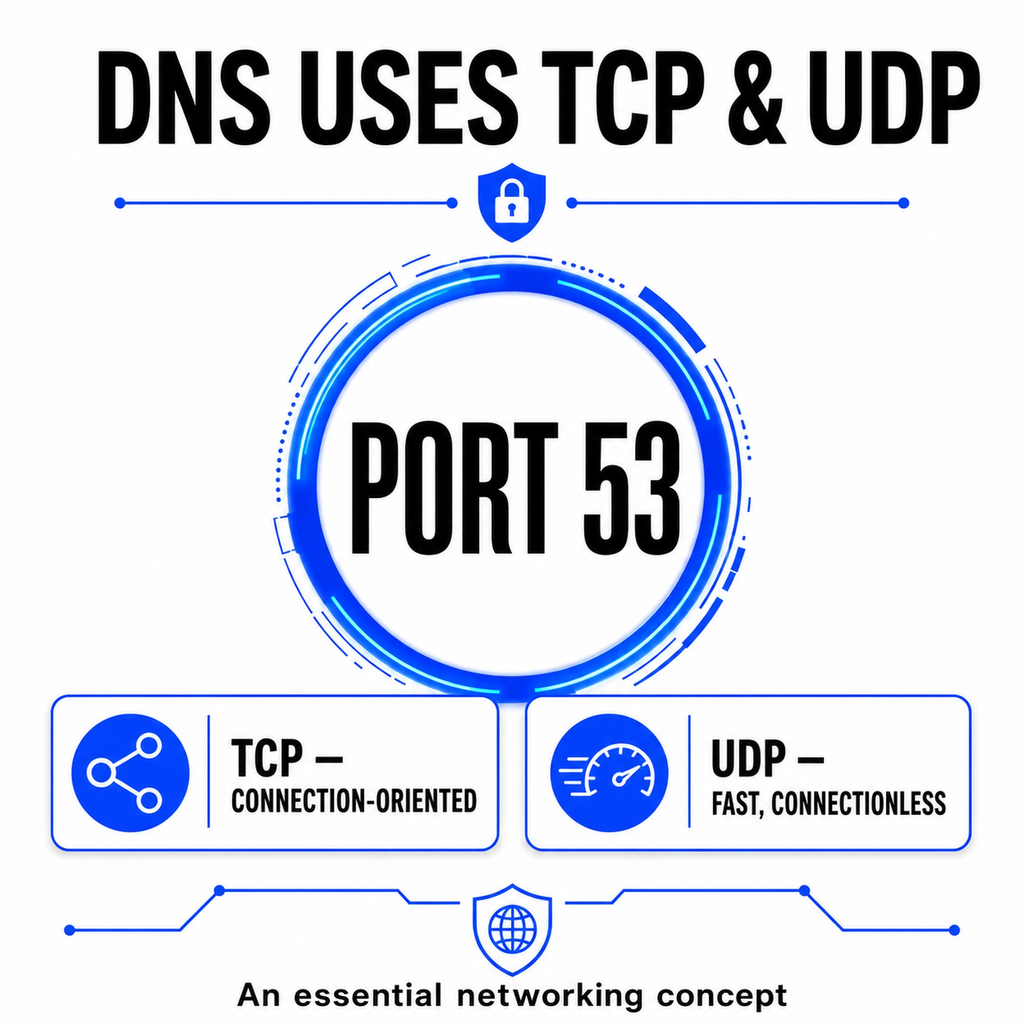 Highlights how DNS uses port 53 and compares connection-oriented TCP with connectionless UDP.