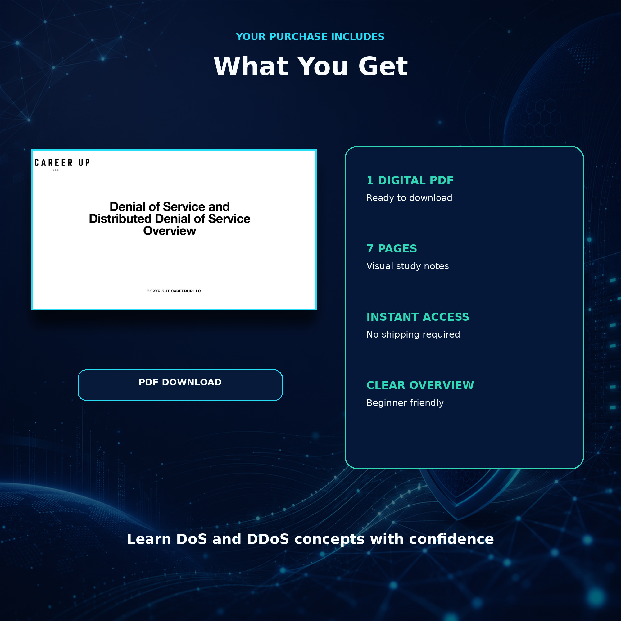 Purchase summary showing one downloadable seven-page PDF with instant access, beginner-friendly explanations, and visual notes covering DoS and DDoS concepts.