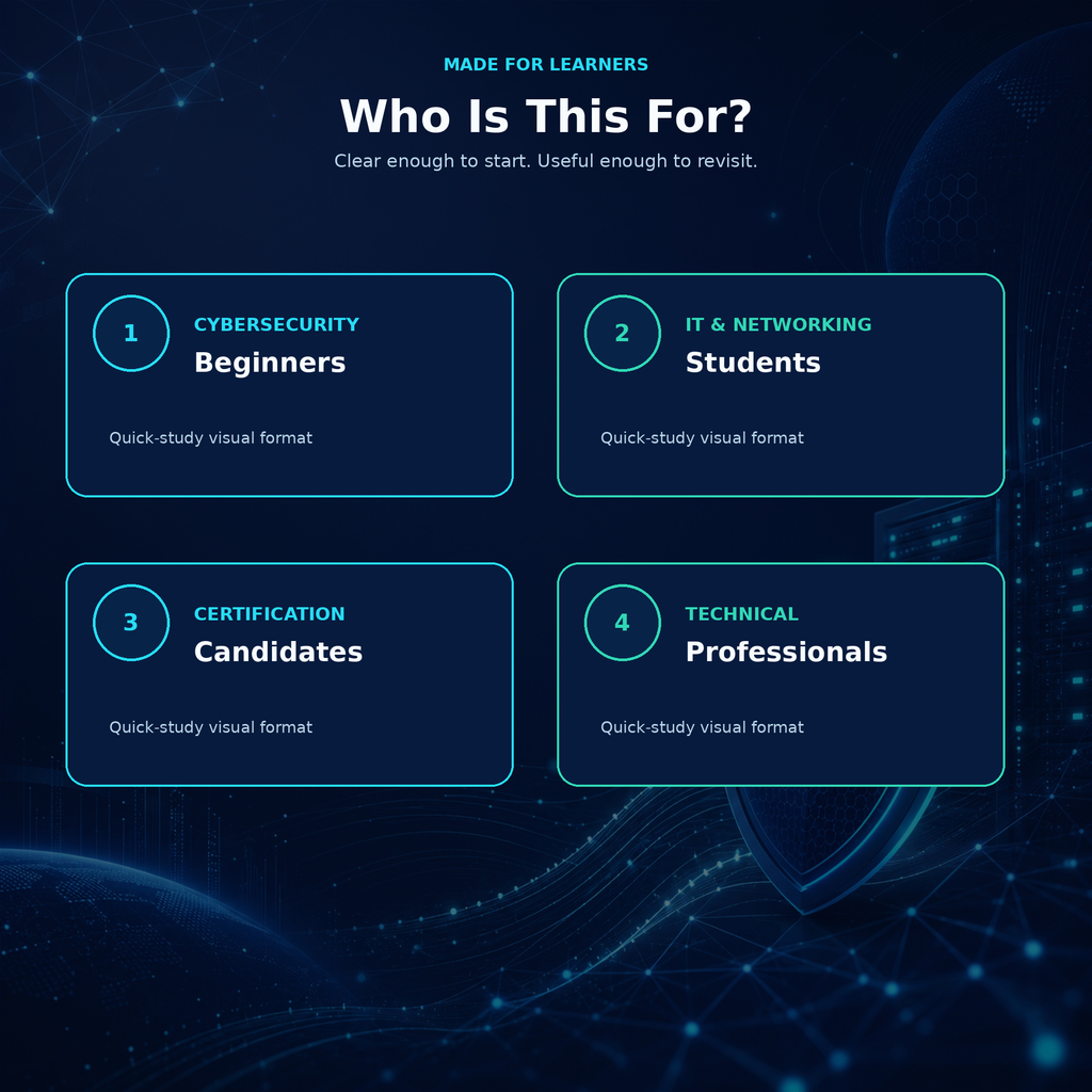 Audience overview showing that the visual study guide is designed for cybersecurity beginners, IT and networking students, certification candidates, and technical professionals.