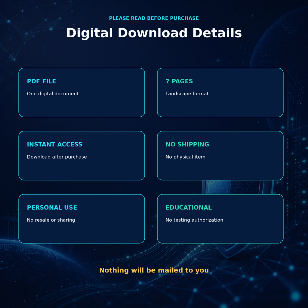 Digital product information explaining that the purchase includes one seven-page landscape PDF for personal educational use, delivered by download with no physical item shipped.