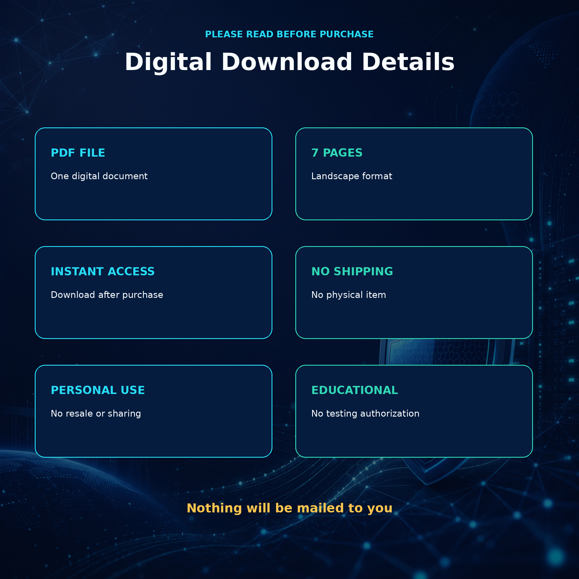 Digital product information explaining that the purchase includes one seven-page landscape PDF for personal educational use, delivered by download with no physical item shipped.