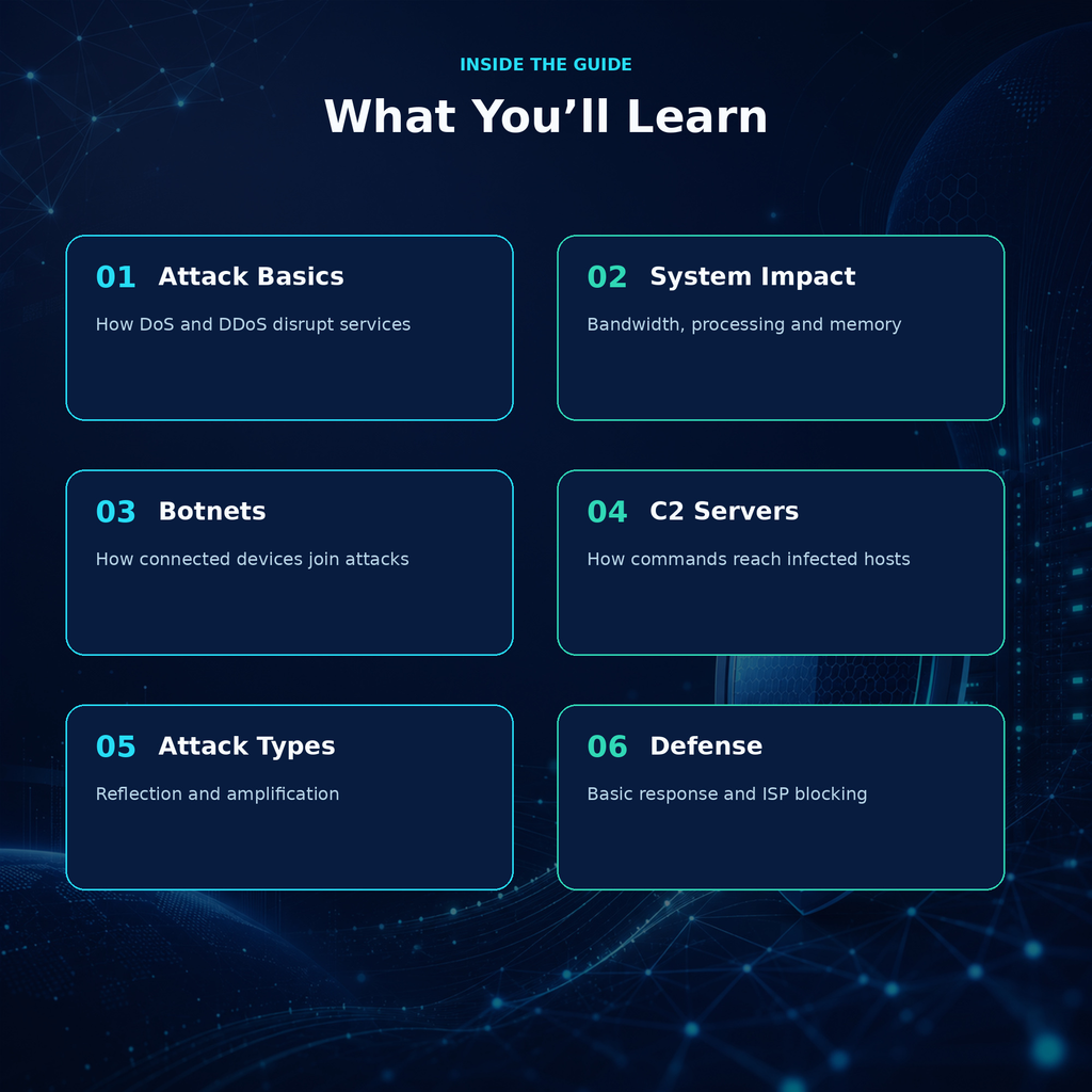 Overview of the six topics covered in the guide: attack basics, system impact, botnets, C2 servers, reflection and amplification attacks, and basic defense strategies.