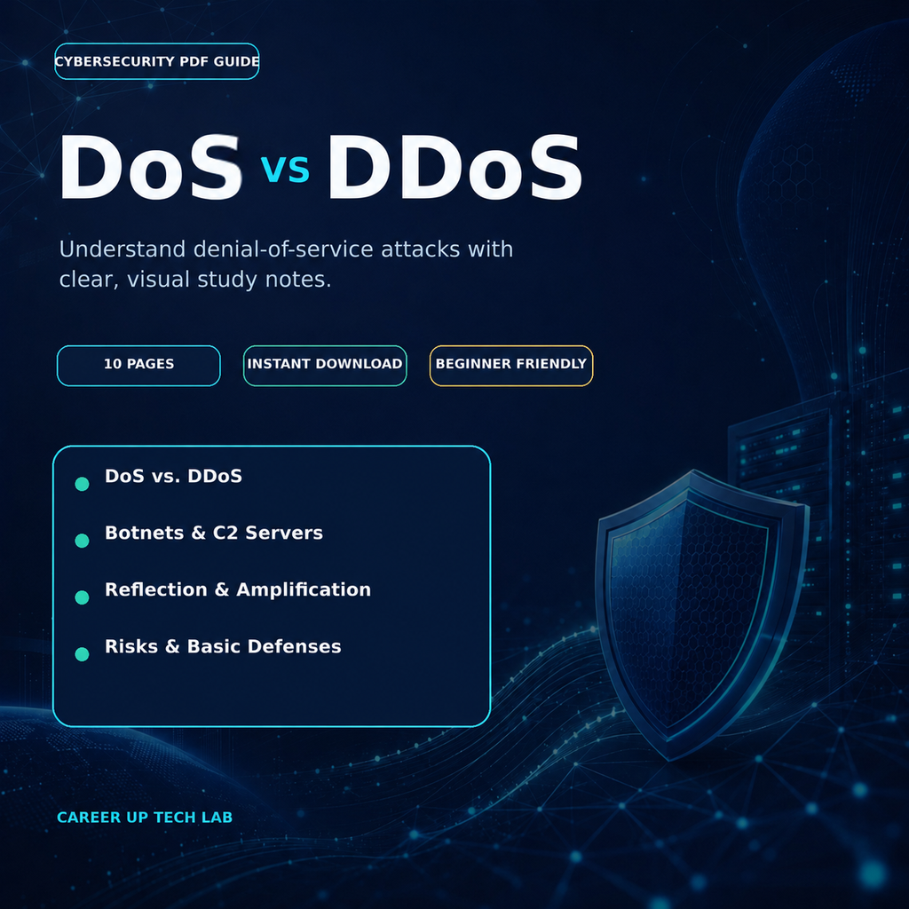Cover image for the 10-page DoS and DDoS cybersecurity PDF guide from Career Up Tech Lab. The guide covers attack differences, botnets, C2 servers, reflection, amplification, risks, and basic defenses.