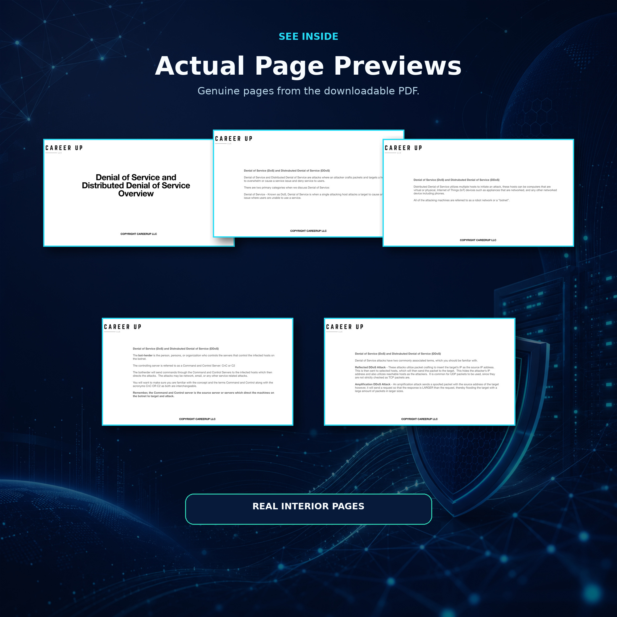 Preview collage showing five genuine interior pages from the downloadable guide, including explanations of denial-of-service attacks, botnets, C2 servers, reflection, and amplification.