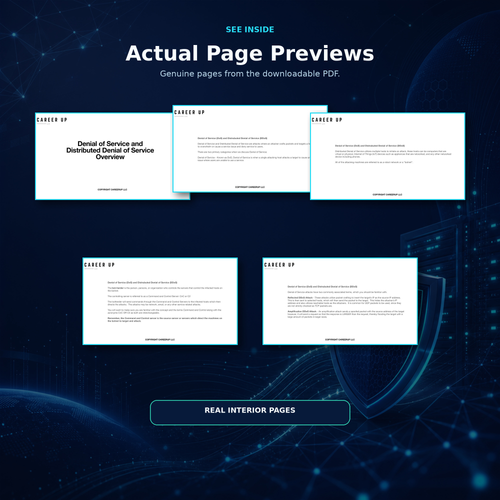 Preview collage showing five genuine interior pages from the downloadable guide, including explanations of denial-of-service attacks, botnets, C2 servers, reflection, and amplification.
