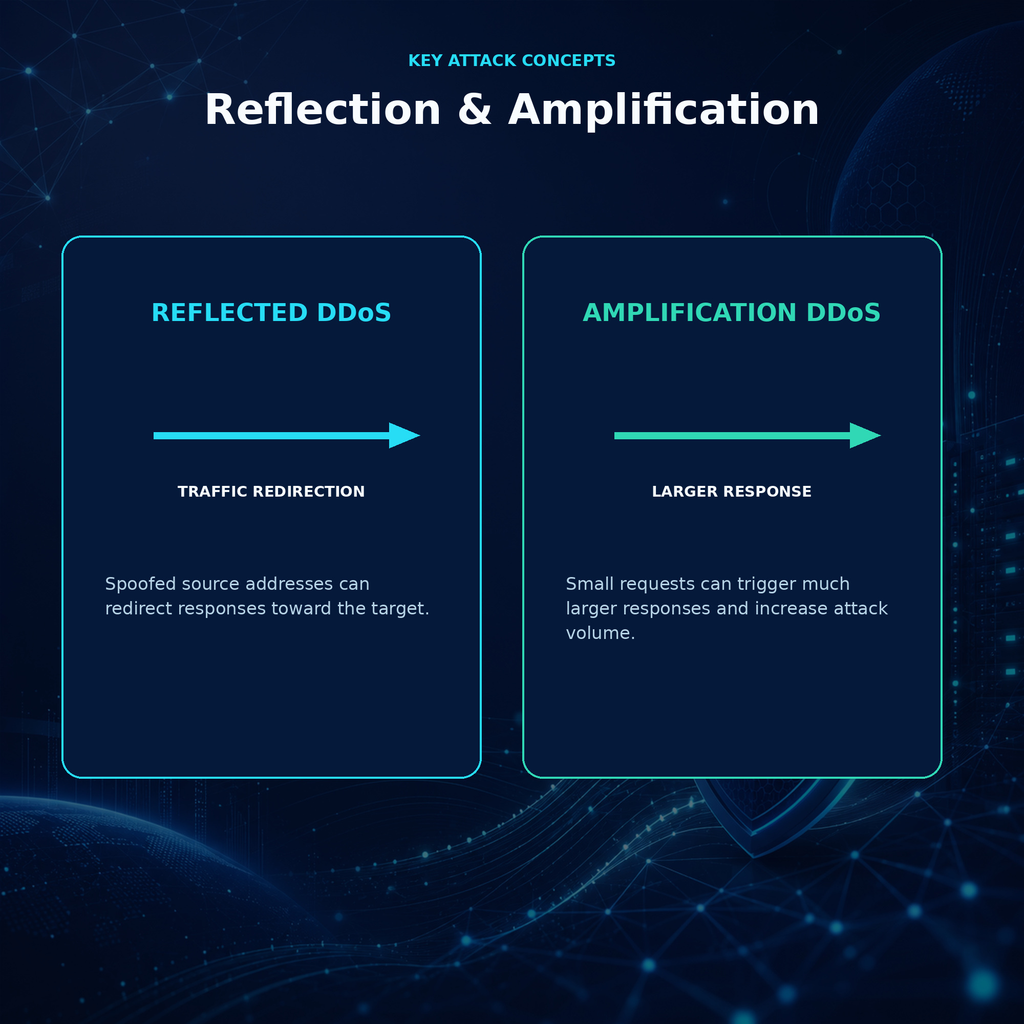Visual explanation of reflected and amplification DDoS attacks, including spoofed source addresses, redirected traffic, and larger responses that increase attack volume.