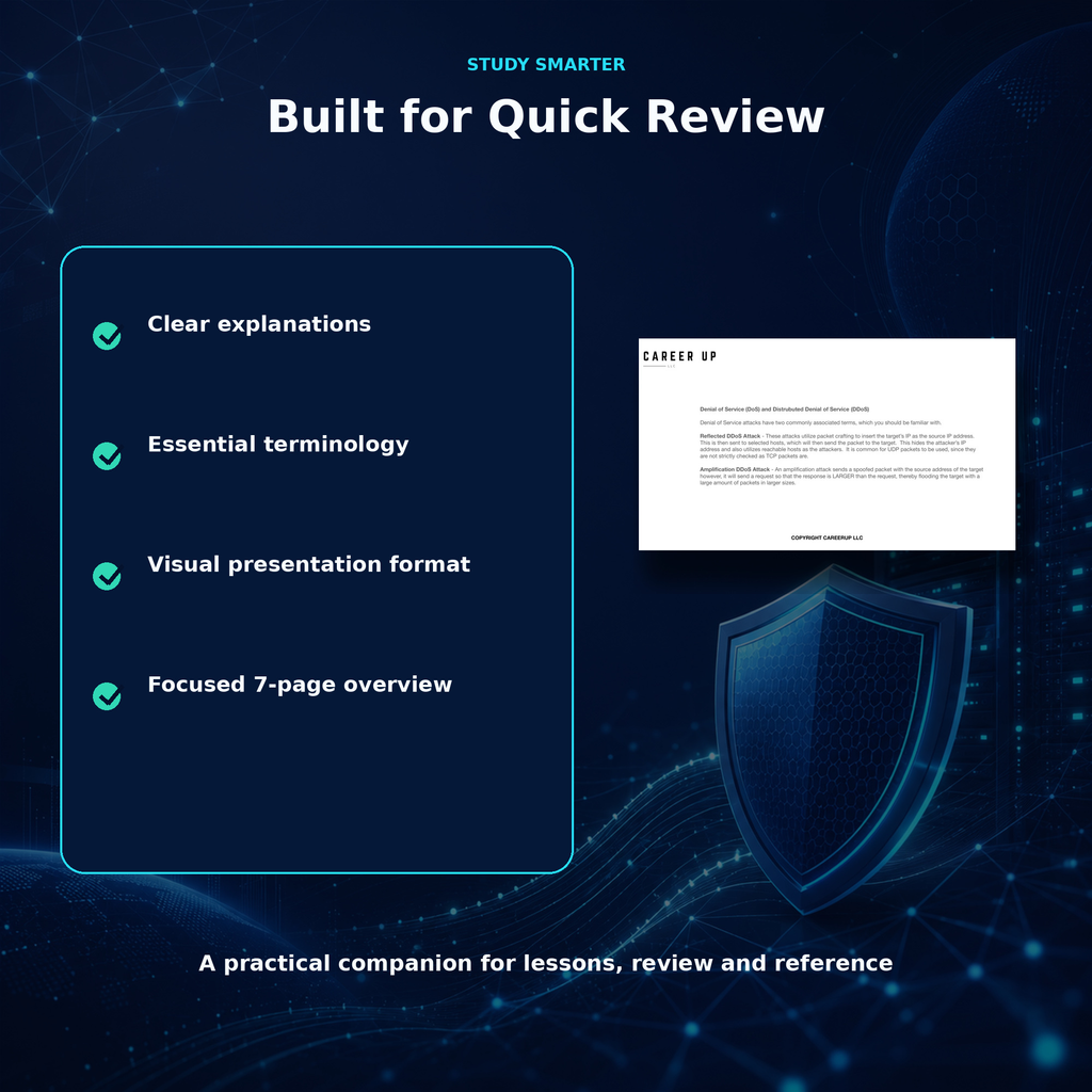 Feature overview highlighting the guide’s clear explanations, essential cybersecurity terminology, visual presentation, and focused seven-page format for quick review.