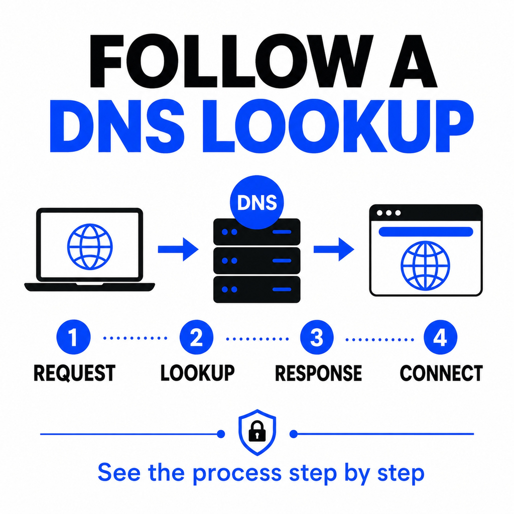 Illustrates the four basic stages of a DNS lookup: request, lookup, response, and connection.