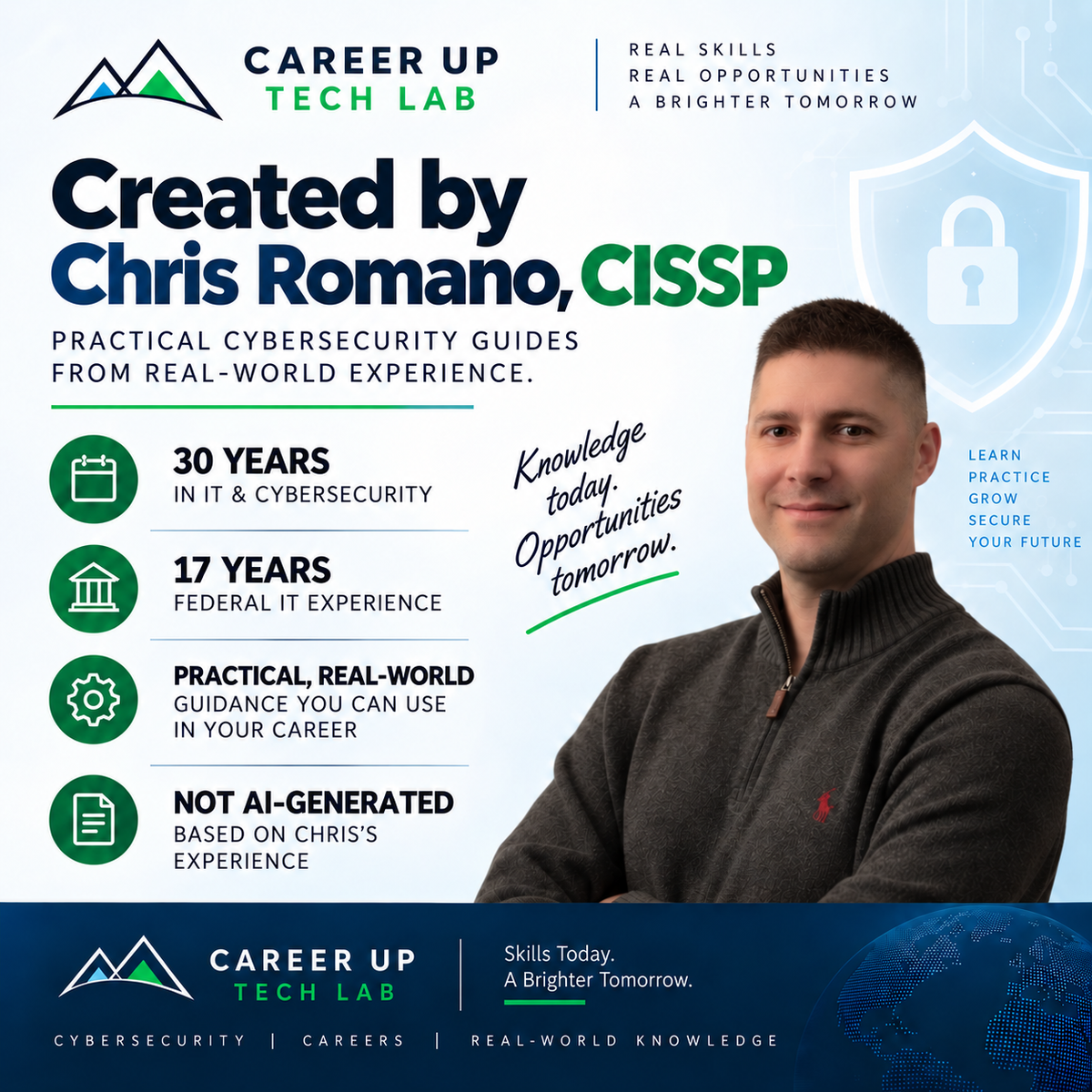 Chris Romano, CISSP, founder of Career Up Tech Lab, highlighting 30 years of IT and cybersecurity experience, 17 years of federal IT experience, and practical real-world guidance.
