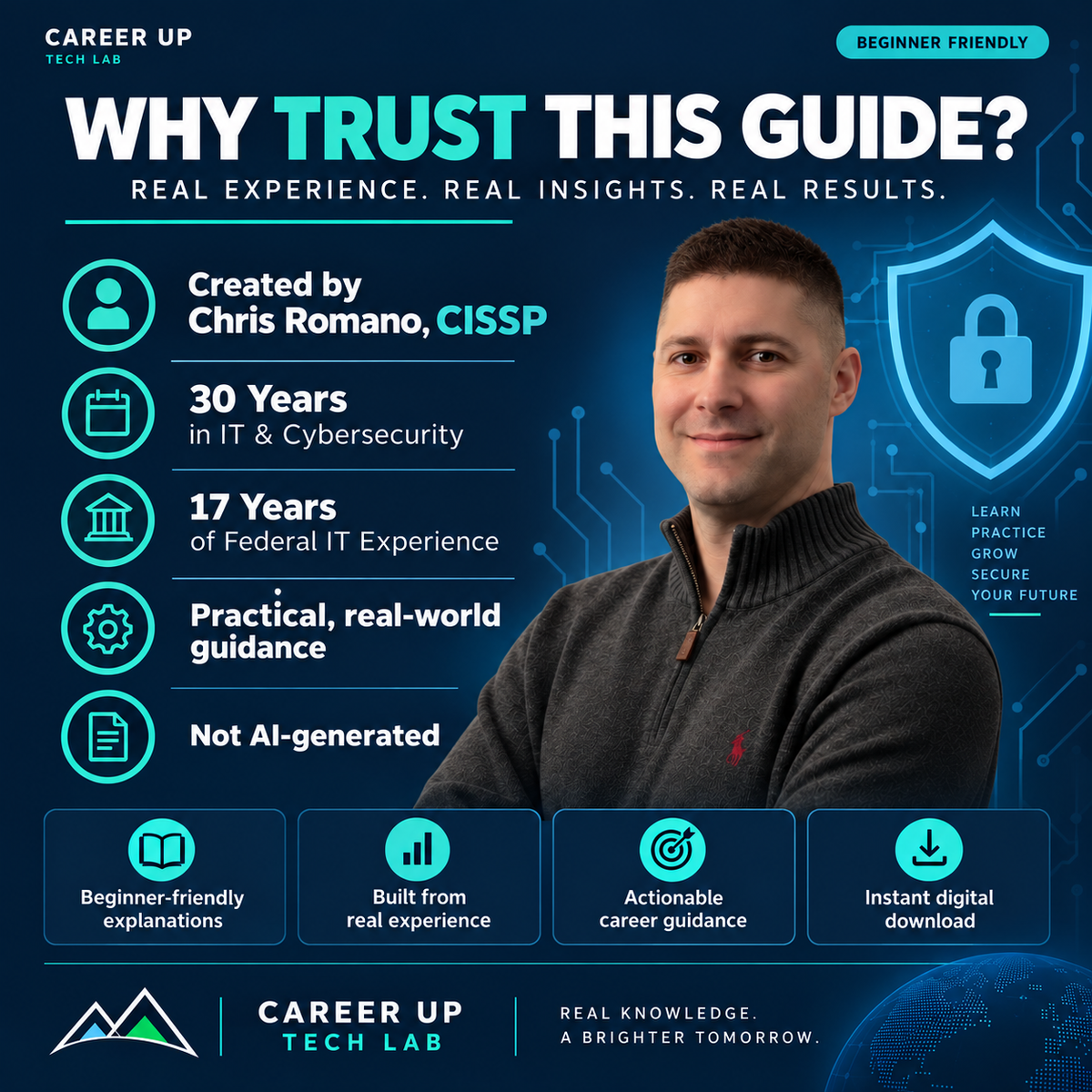 Chris Romano, CISSP, founder of Career Up Tech Lab, highlighting 30 years of IT and cybersecurity experience, 17 years of federal IT experience, and practical real-world guidance.