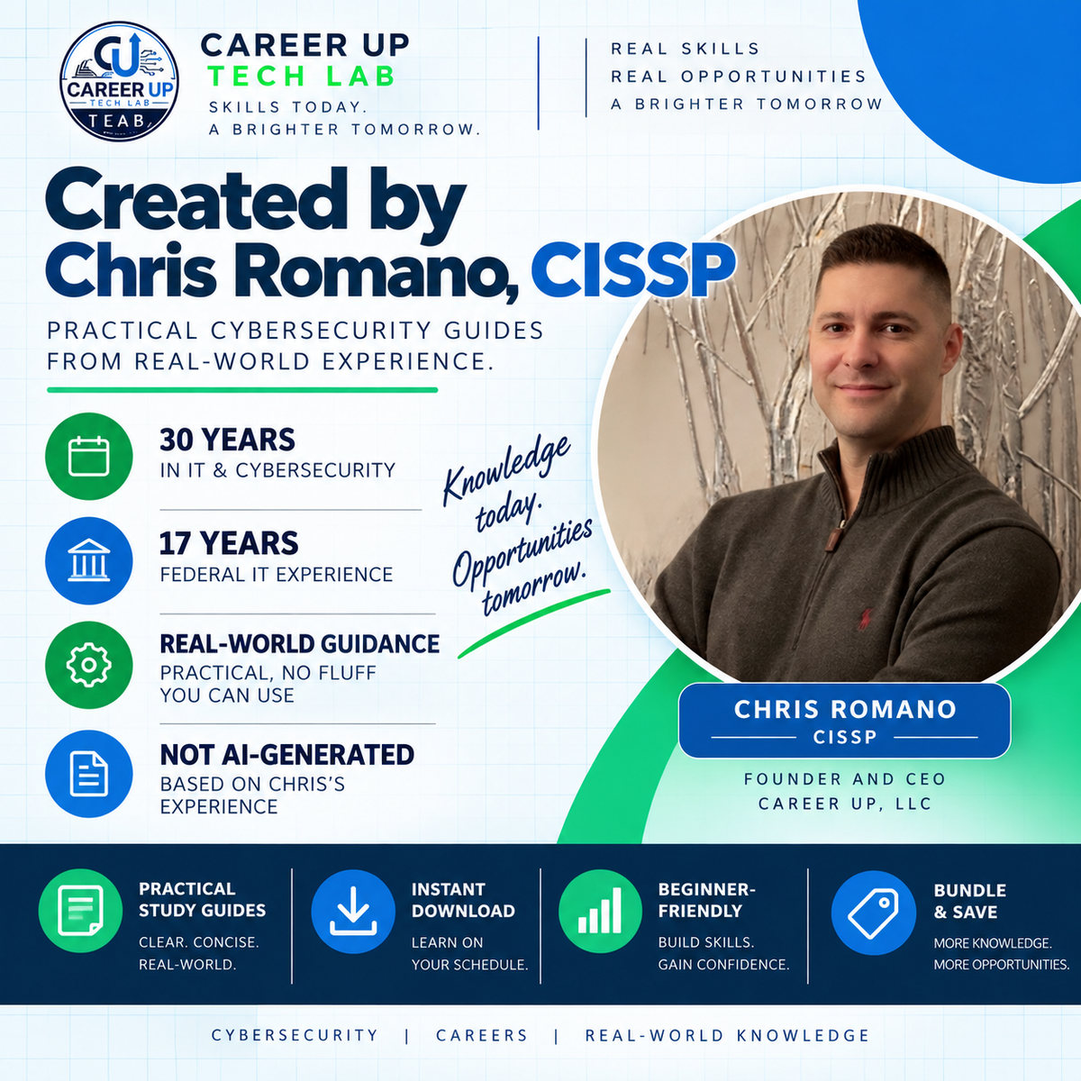 Chris Romano, CISSP, founder of Career Up Tech Lab, highlighting 30 years of IT and cybersecurity experience, 17 years of federal IT experience, and practical real-world guidance.