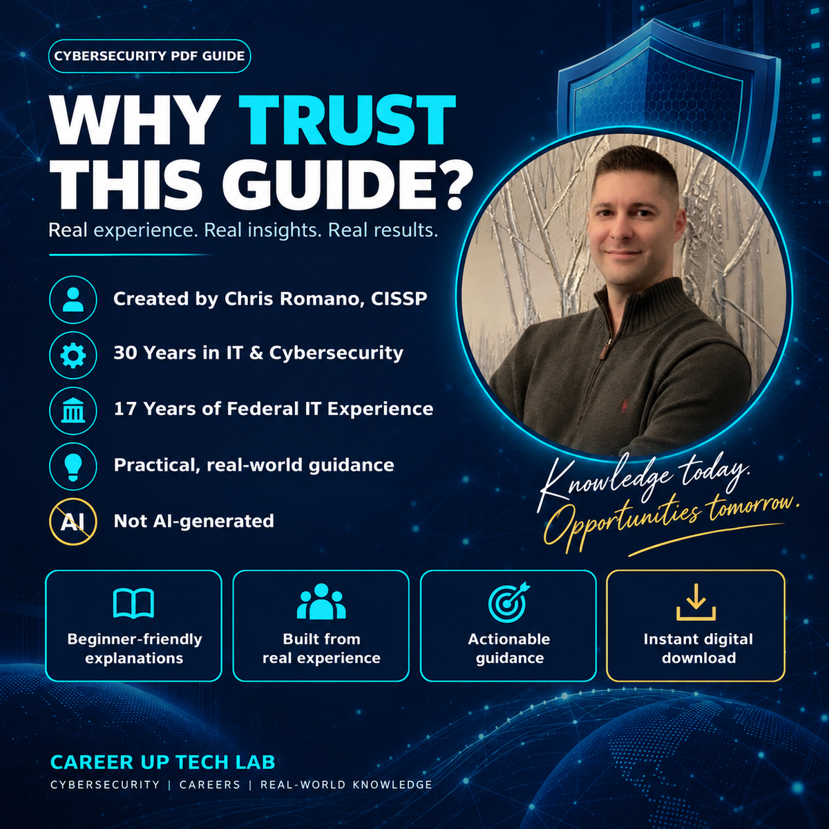 Chris Romano, CISSP, founder of Career Up Tech Lab, highlighting 30 years of IT and cybersecurity experience, 17 years of federal IT experience, and practical real-world guidance.