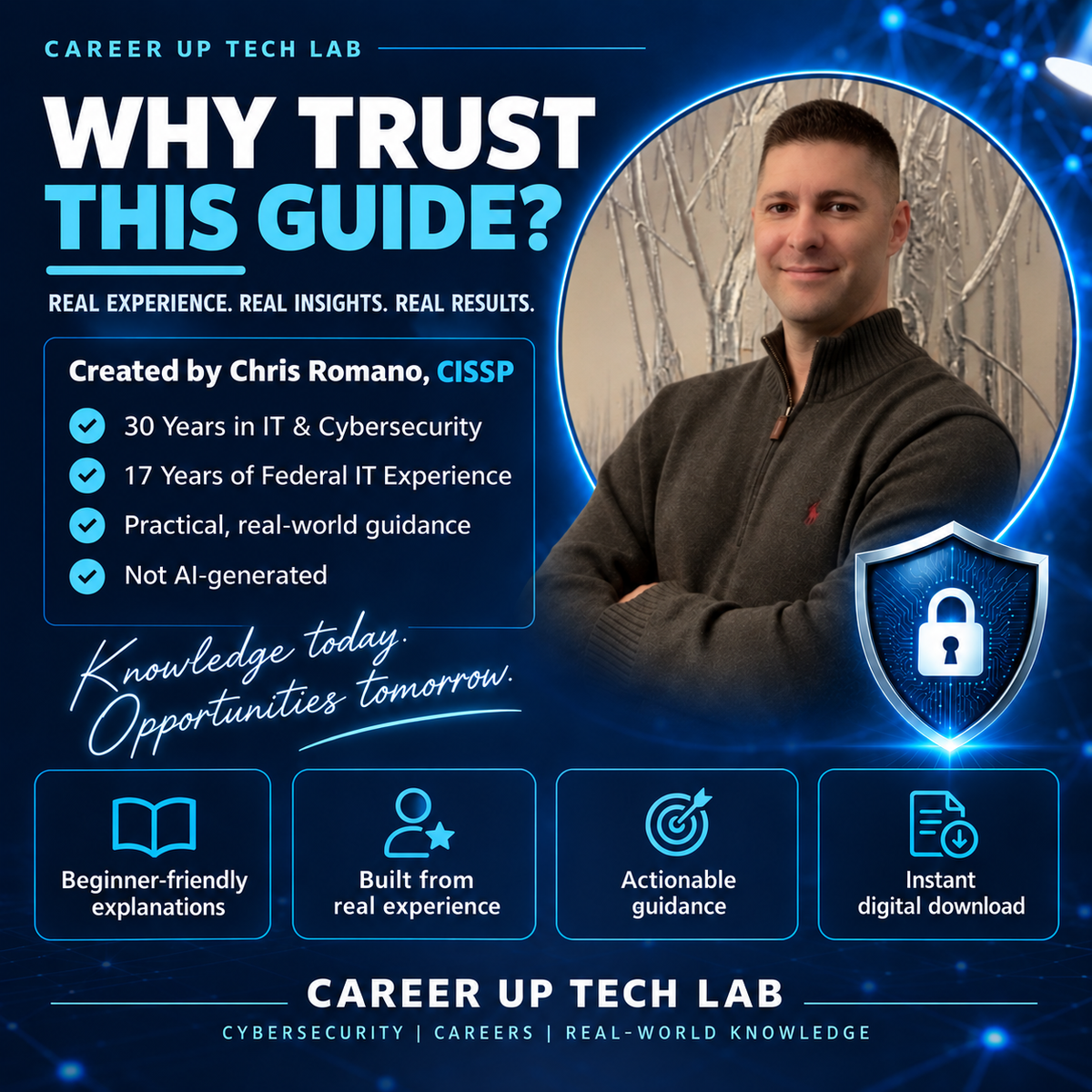 Chris Romano, CISSP, founder of Career Up Tech Lab, highlighting 30 years of IT and cybersecurity experience, 17 years of federal IT experience, and practical real-world guidance.