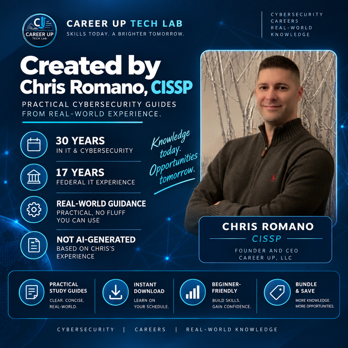 Chris Romano, CISSP, founder of Career Up Tech Lab, highlighting 30 years of IT and cybersecurity experience, 17 years of federal IT experience, and practical real-world guidance.