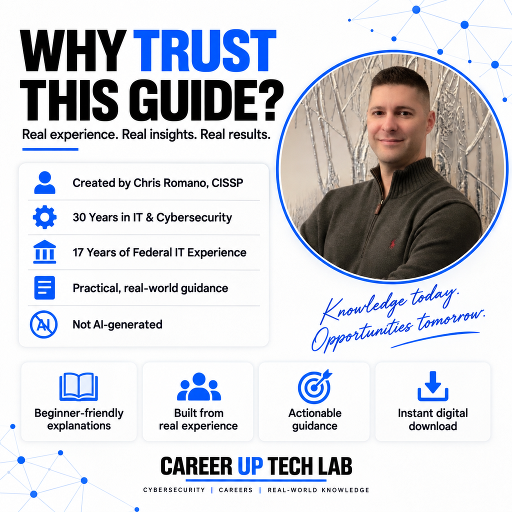 Chris Romano, CISSP, founder of Career Up Tech Lab, highlighting 30 years of IT and cybersecurity experience, 17 years of federal IT experience, and practical real-world guidance.