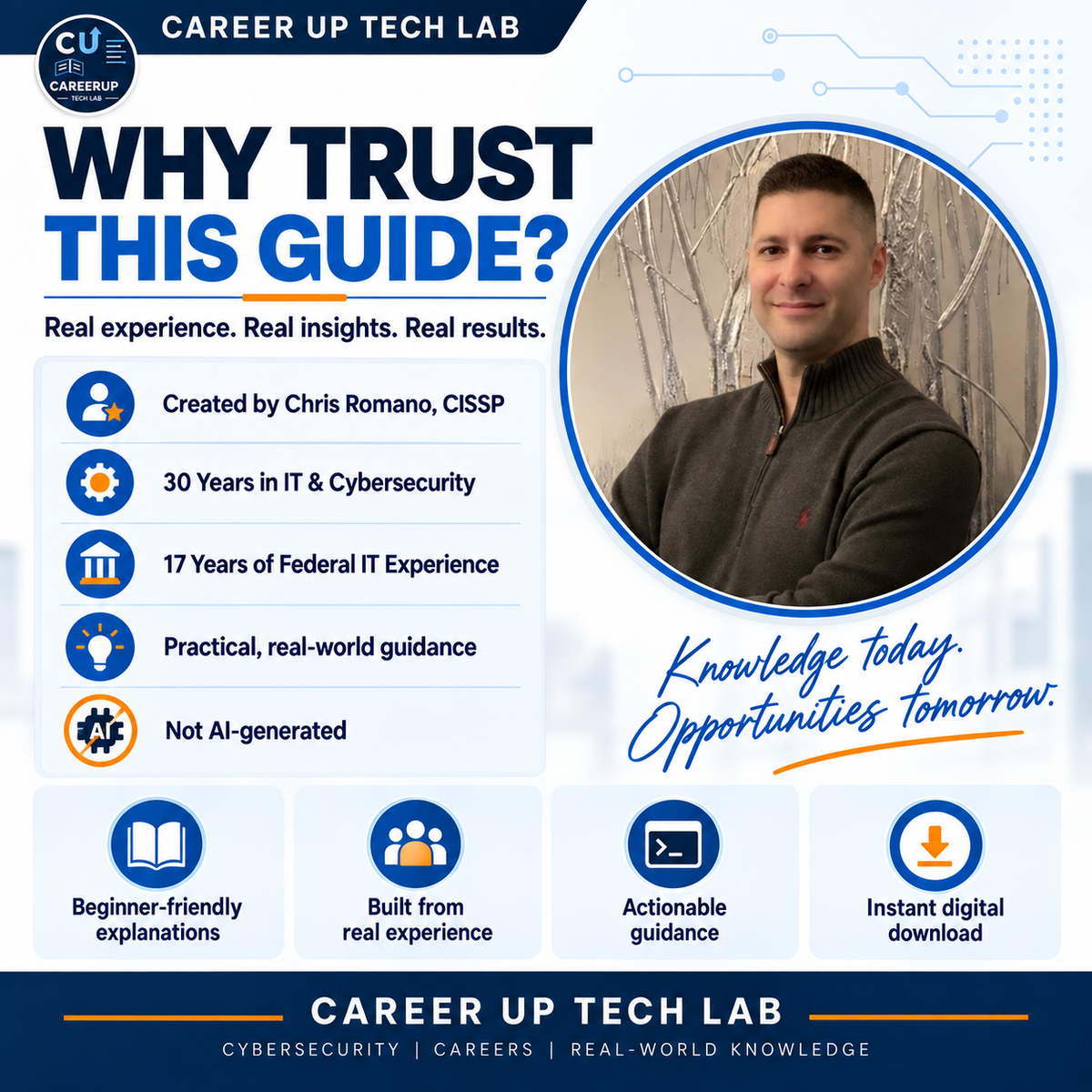Chris Romano, CISSP, founder of Career Up Tech Lab, highlighting 30 years of IT and cybersecurity experience, 17 years of federal IT experience, and practical real-world guidance.