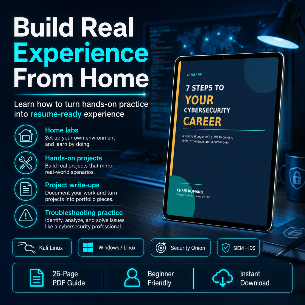 Cybersecurity guide showing how beginners can build real experience from home through labs, hands-on projects, write-ups, troubleshooting, Kali Linux, and SIEM tools.