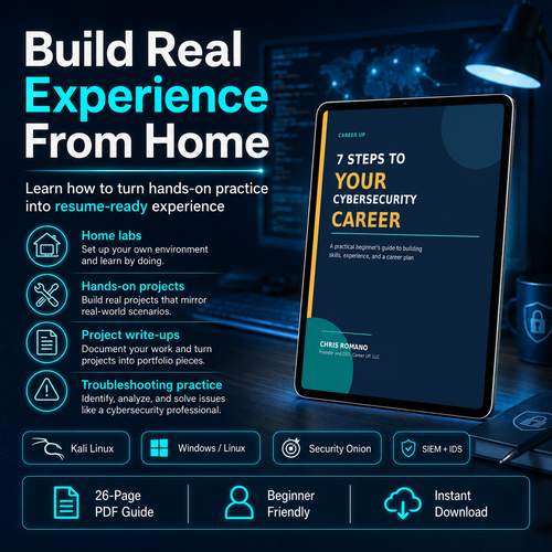 Cybersecurity guide showing how beginners can build real experience from home through labs, hands-on projects, write-ups, troubleshooting, Kali Linux, and SIEM tools.
