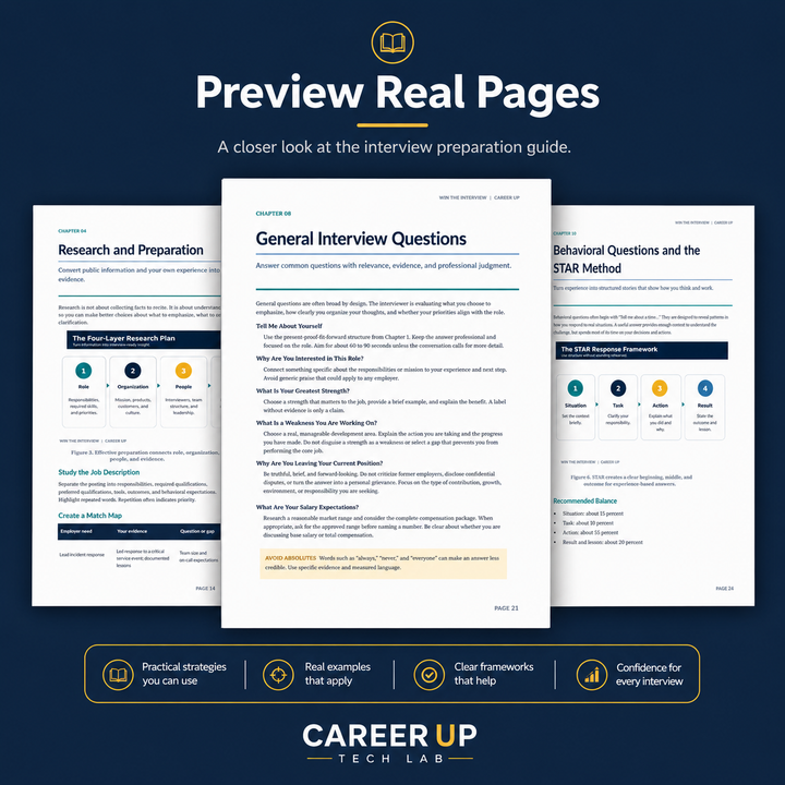 Preview of three large real pages from the Win the Interview guide, including research, general questions, and the STAR method.