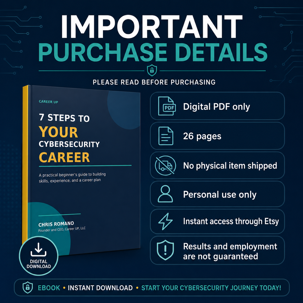 Important purchase details for the cybersecurity ebook: digital PDF only, 26 pages, no physical item shipped, personal use only, instant Etsy access, and no guaranteed employment results.
