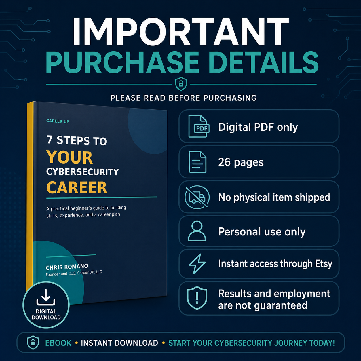 Important purchase details for the cybersecurity ebook: digital PDF only, 26 pages, no physical item shipped, personal use only, instant Etsy access, and no guaranteed employment results.