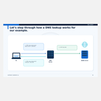 Actual DNS Made Simple guide page with a step-by-step DNS lookup diagram from client request through DNS server to web server.