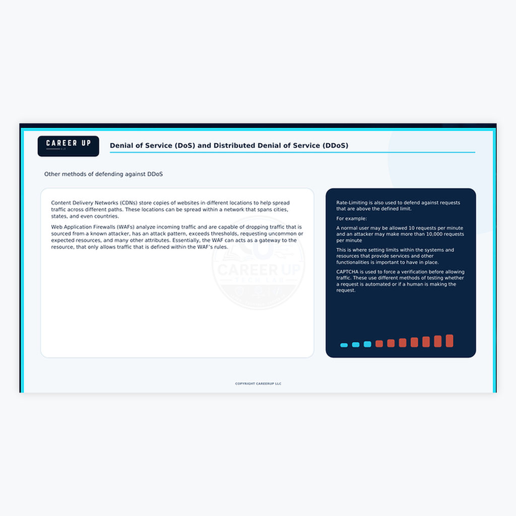 Actual DoS and DDoS study guide page covering DDoS defense methods including content delivery networks, web application firewalls, rate limiting, and CAPTCHA.