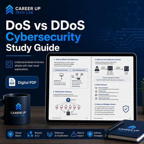 DoS and DDoS Cybersecurity Study Guide digital PDF with attack concepts, botnets, amplification, risks, defenses, and page previews