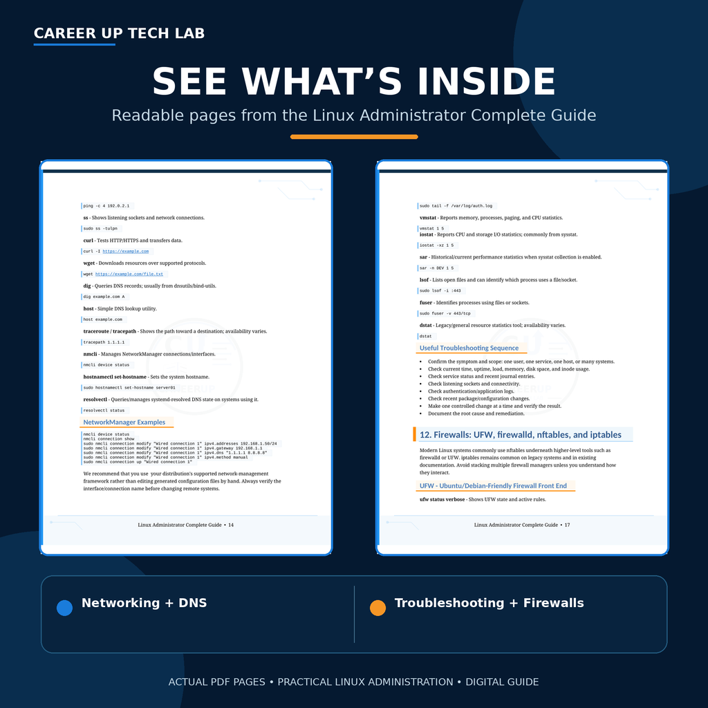 See what’s inside the Linux Administrator Complete Guide with actual page previews covering Linux commands, administration topics, and reference content.