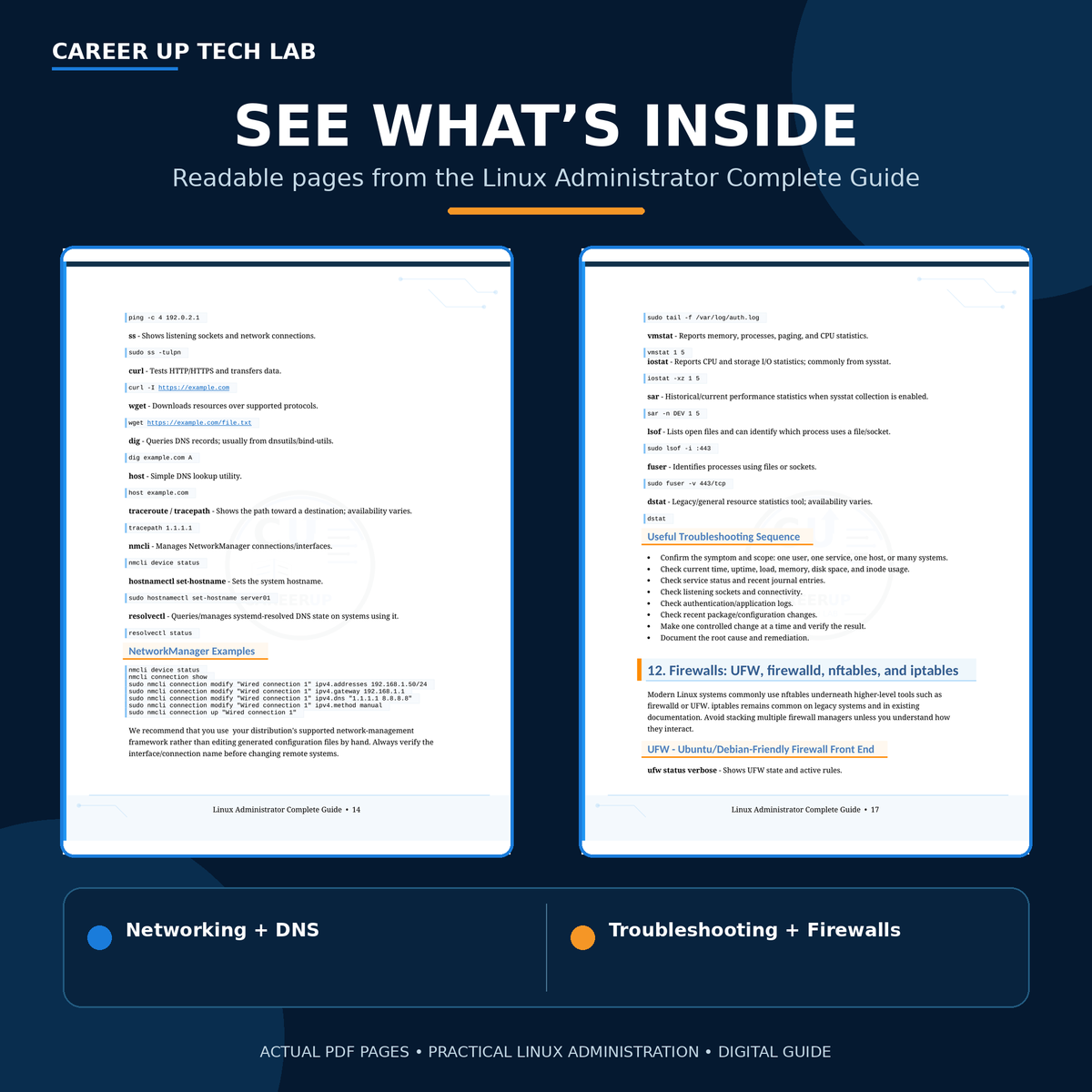 See what’s inside the Linux Administrator Complete Guide with actual page previews covering Linux commands, administration topics, and reference content.