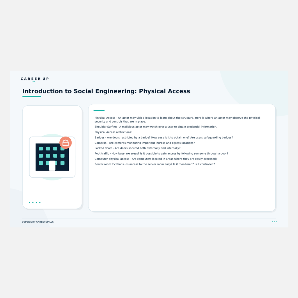 Actual Social Engineering study guide page explaining physical access risks, shoulder surfing, badges, cameras, and locked doors.