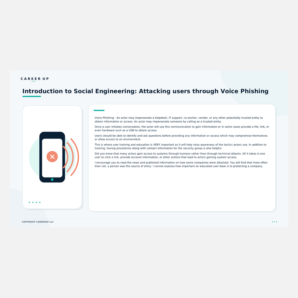 Actual Social Engineering study guide page explaining voice phishing, impersonation tactics, warning signs, and defensive awareness.