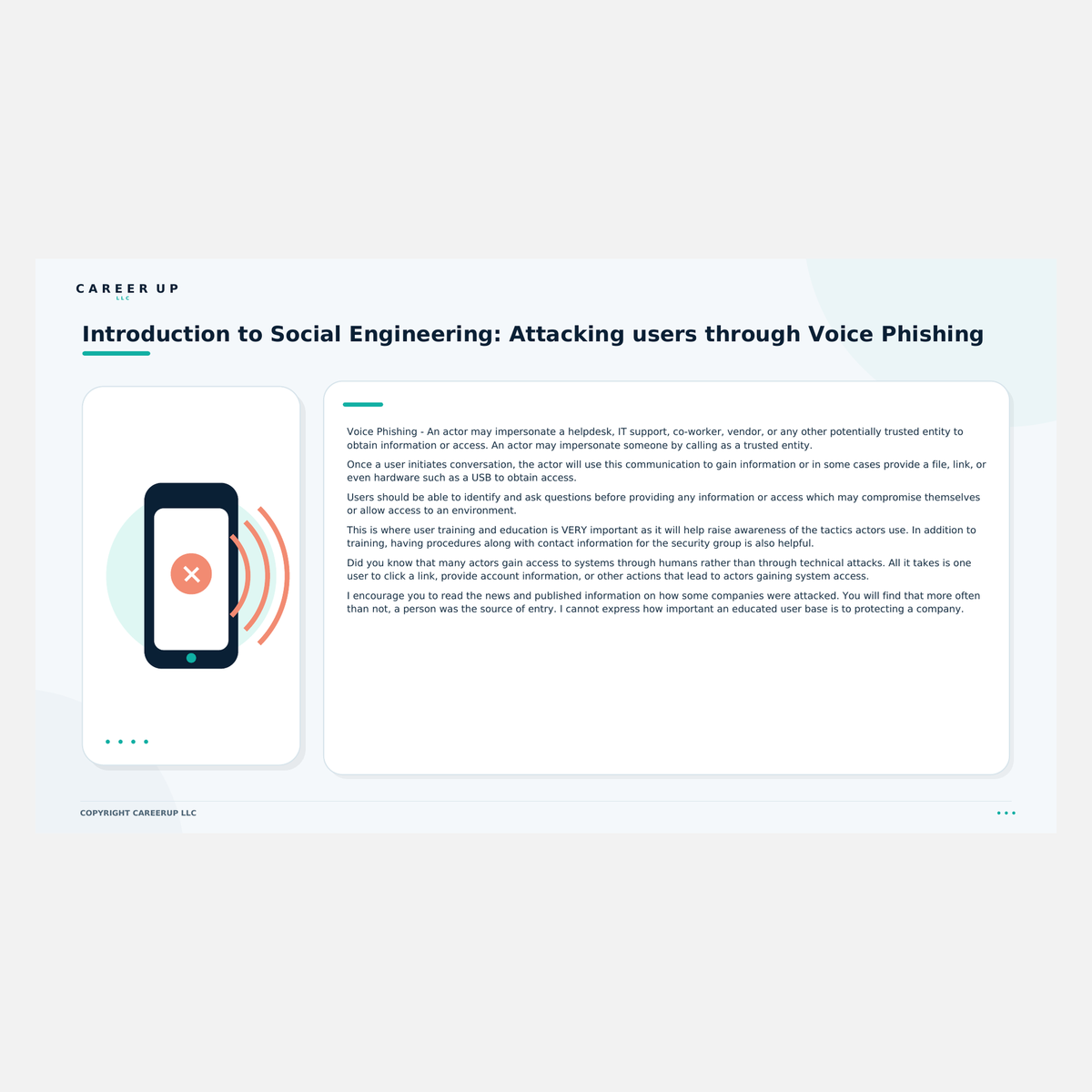 Actual Social Engineering study guide page explaining voice phishing, impersonation tactics, warning signs, and defensive awareness.