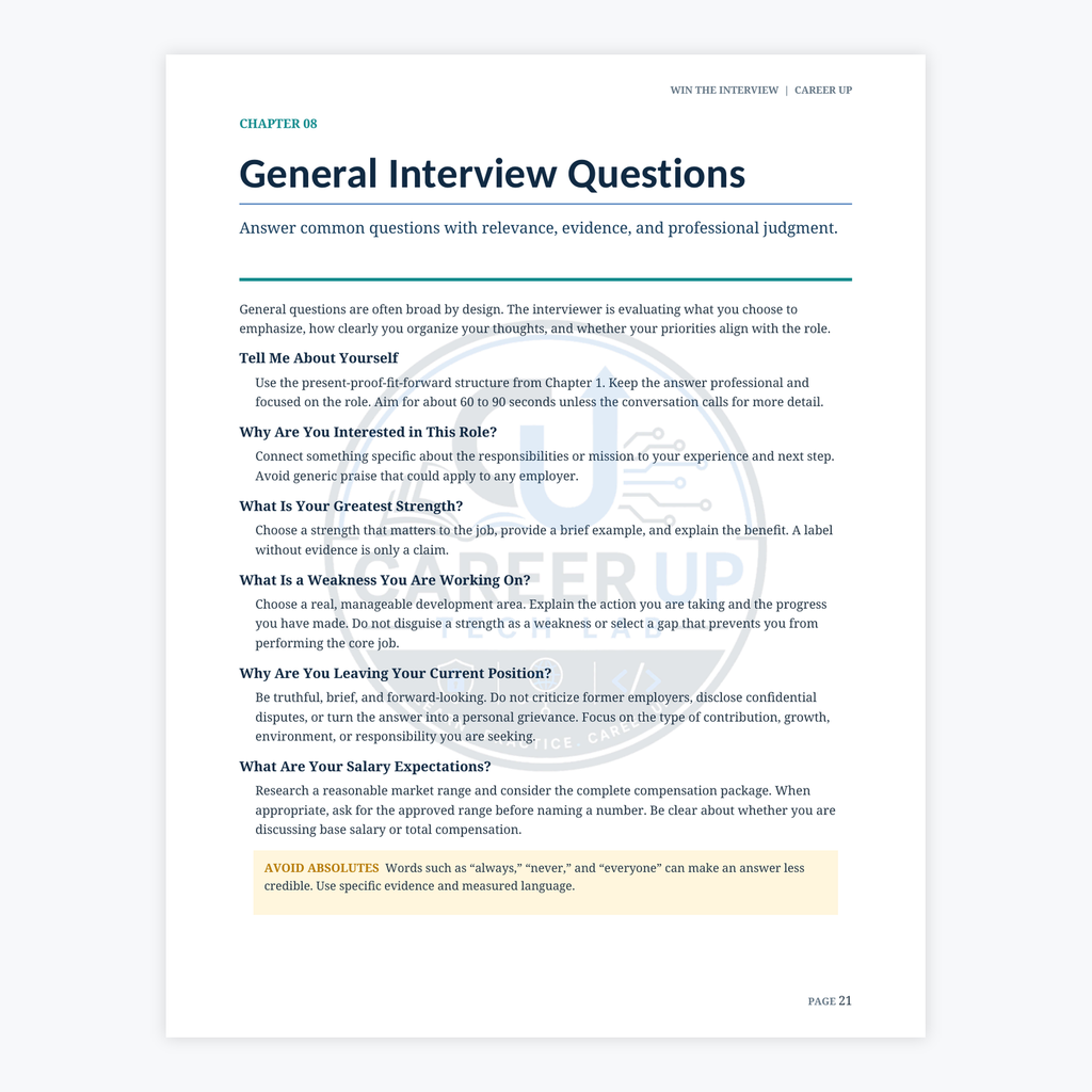 Actual Win the Interview guide page covering common interview questions, strengths, weaknesses, role interest, salary expectations, and evidence-based answers.
