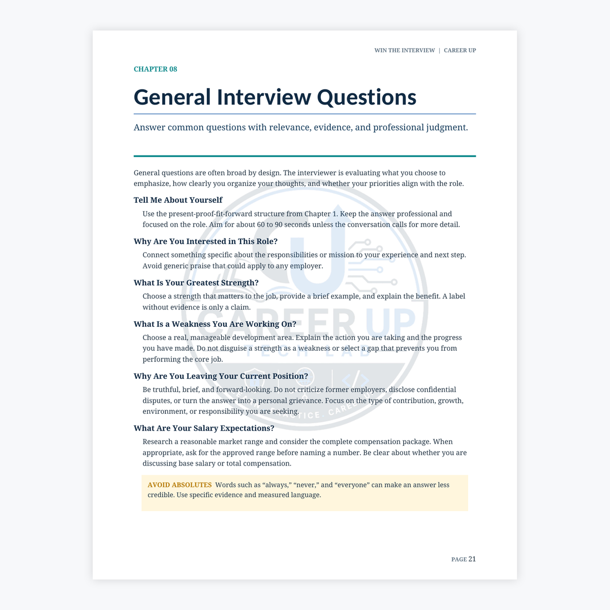 Actual Win the Interview guide page covering common interview questions, strengths, weaknesses, role interest, salary expectations, and evidence-based answers.